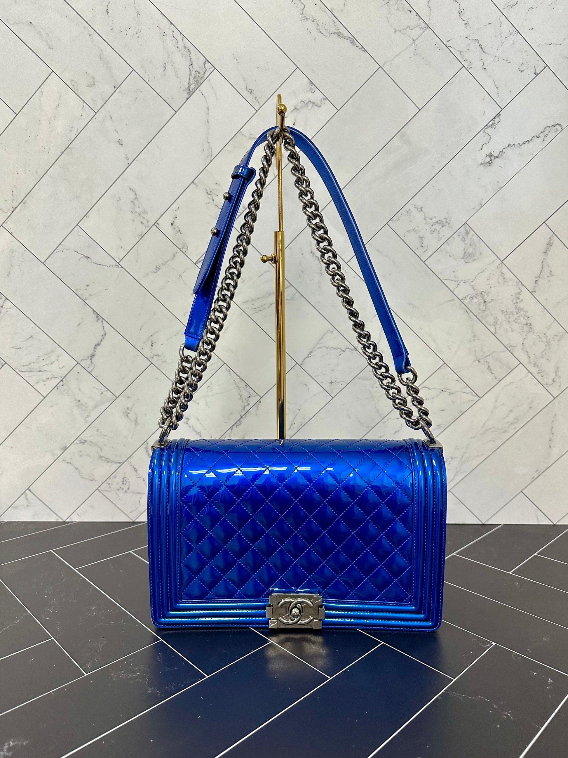 Chanel Blue Quilted Patent Leather Medium Boy Bag