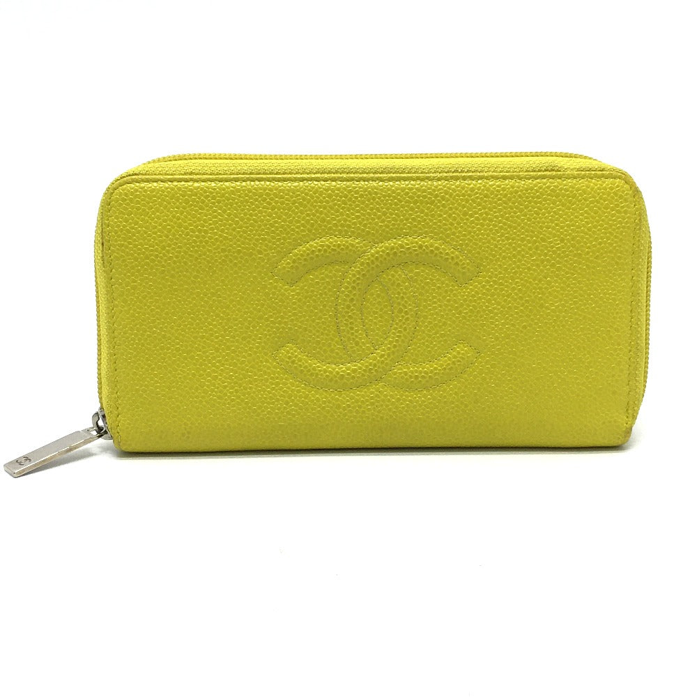 CHANEL Long Wallet Purse Caviar skin yellow CC COCO Mark Zip Around Women  