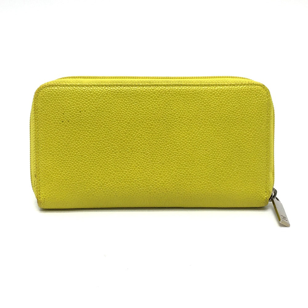 CHANEL Long Wallet Purse Caviar skin yellow CC COCO Mark Zip Around Women  