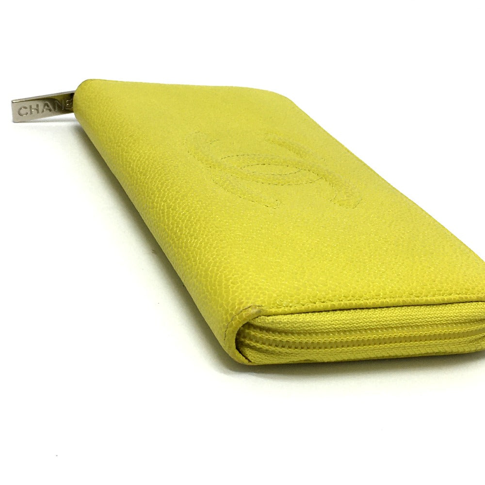 CHANEL Long Wallet Purse Caviar skin yellow CC COCO Mark Zip Around Women  