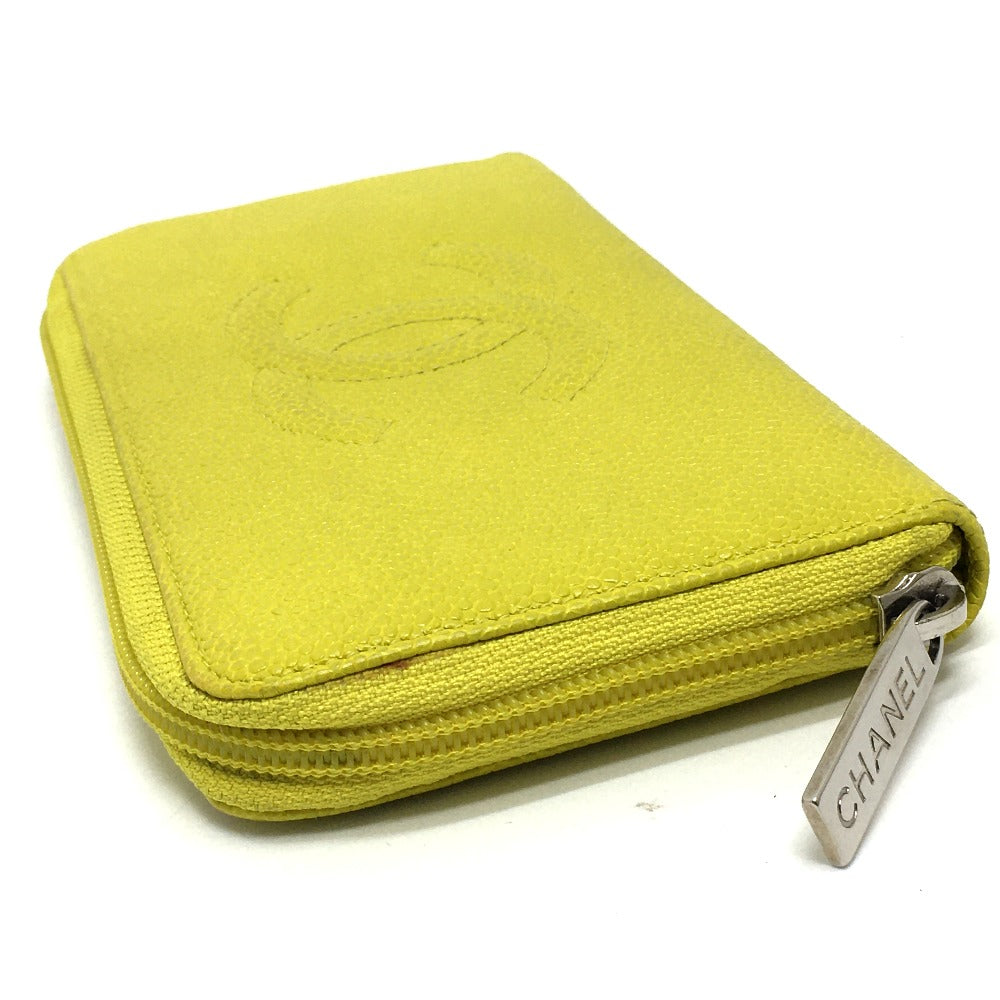 CHANEL Long Wallet Purse Caviar skin yellow CC COCO Mark Zip Around Women  