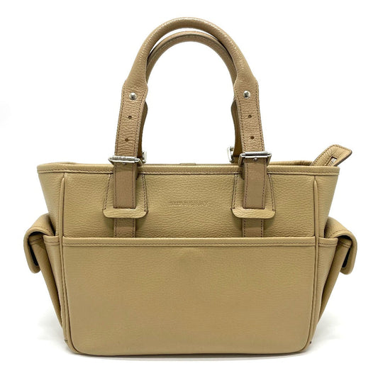 Burberry Side Pocket Women Handbag Leather Beige Logo Travel Bag