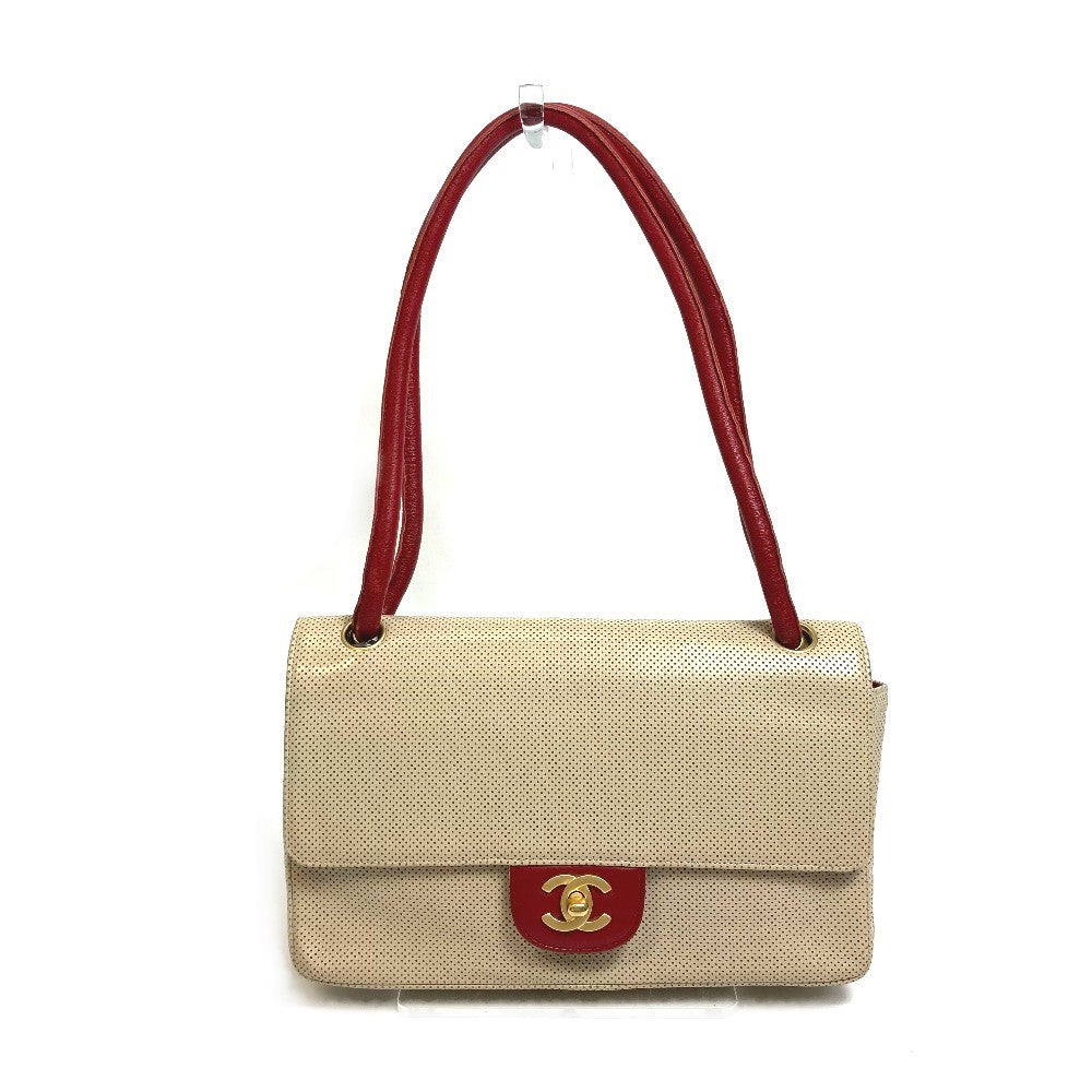 CHANEL Shoulder Bag leather Beige typex red COCO Mark CC Punching Bicolor Women  