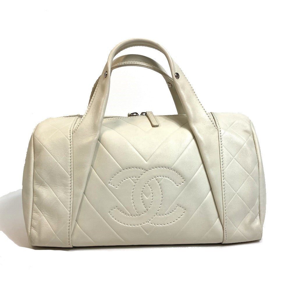 Chanel Boston Duffel CCCOCO Mark Chevron Vstitch Ivory Leather Travel Bag