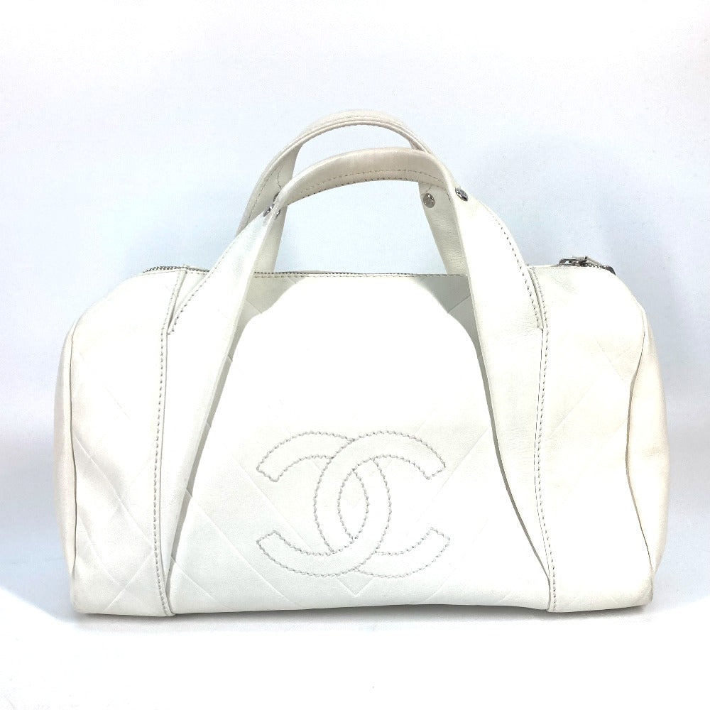 Chanel Boston Duffel Calf CC COCO Mark White Leather Travel Bag