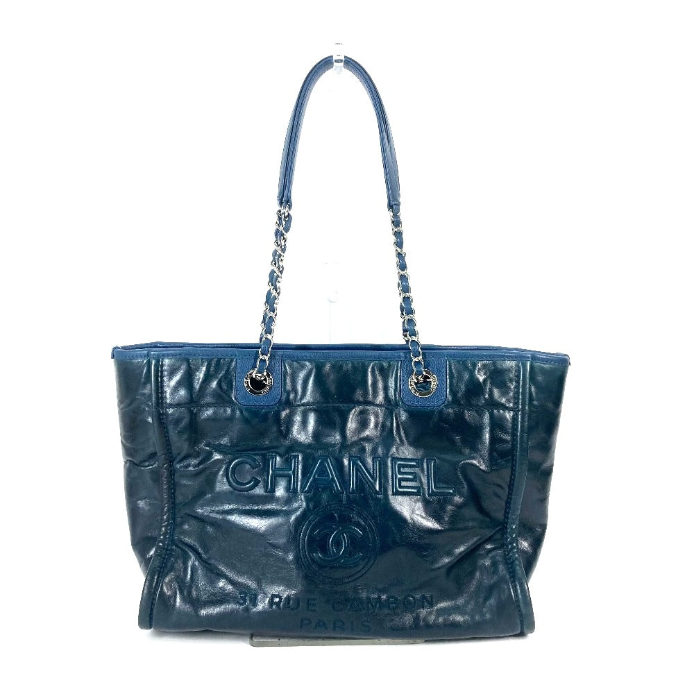 Chanel Navy Logo DeauvilleMM Leather Shoulder Bag