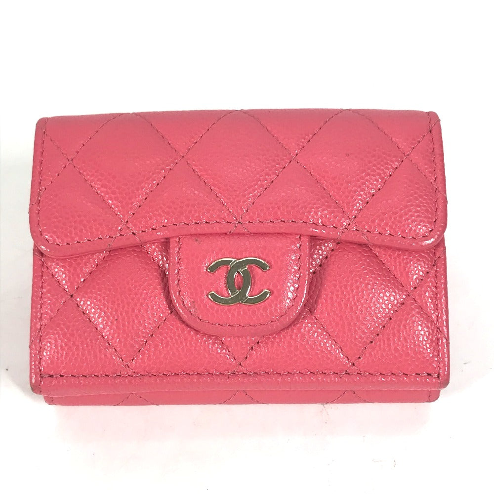 CHANEL Trifold wallet Caviar skin pink quilting CC COCO Mark Matelasse Women  