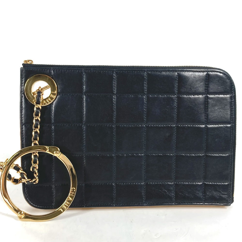 CHANEL Clutch bag lambskin black Chocolate Bar L-shaped zipper Loop Handbag Women  