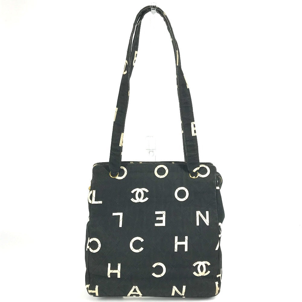 Chanel Logo all-over pattern Black Canvas Leather Shoulder Bag