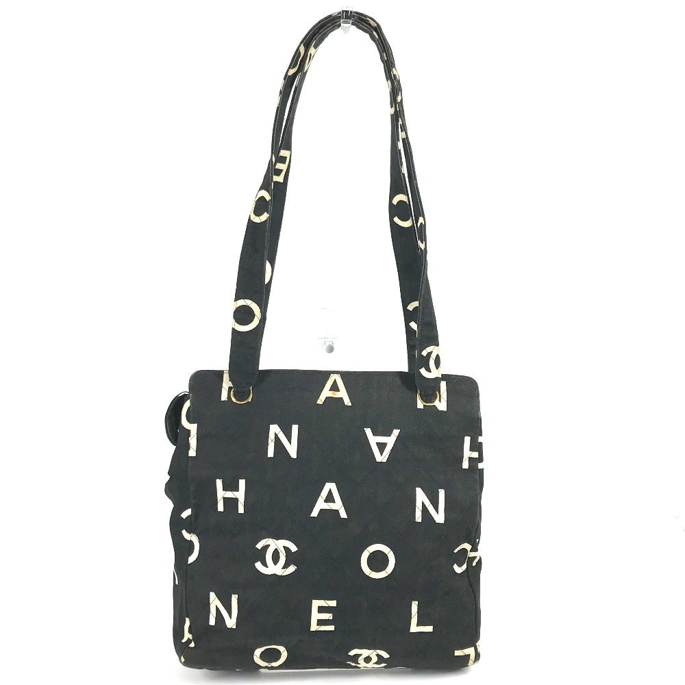 Chanel Logo all-over pattern Black Canvas Leather Shoulder Bag