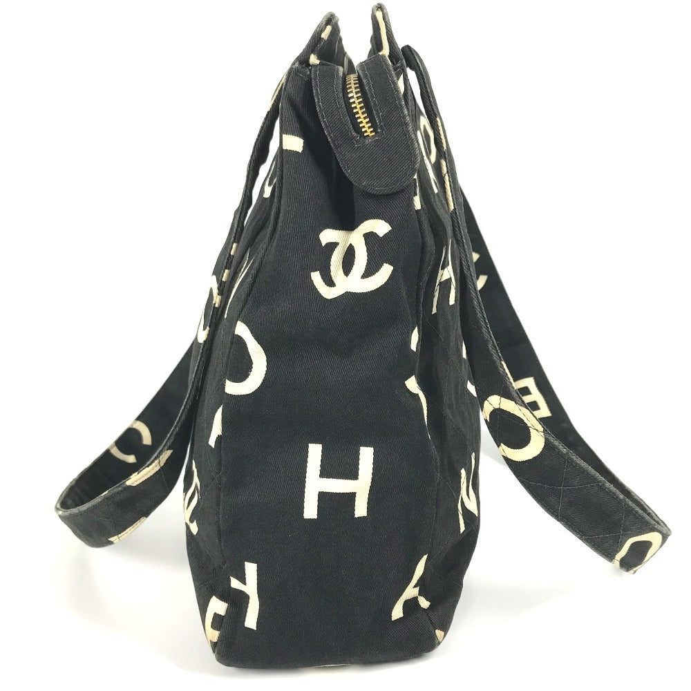 Chanel Logo all-over pattern Black Canvas Leather Shoulder Bag