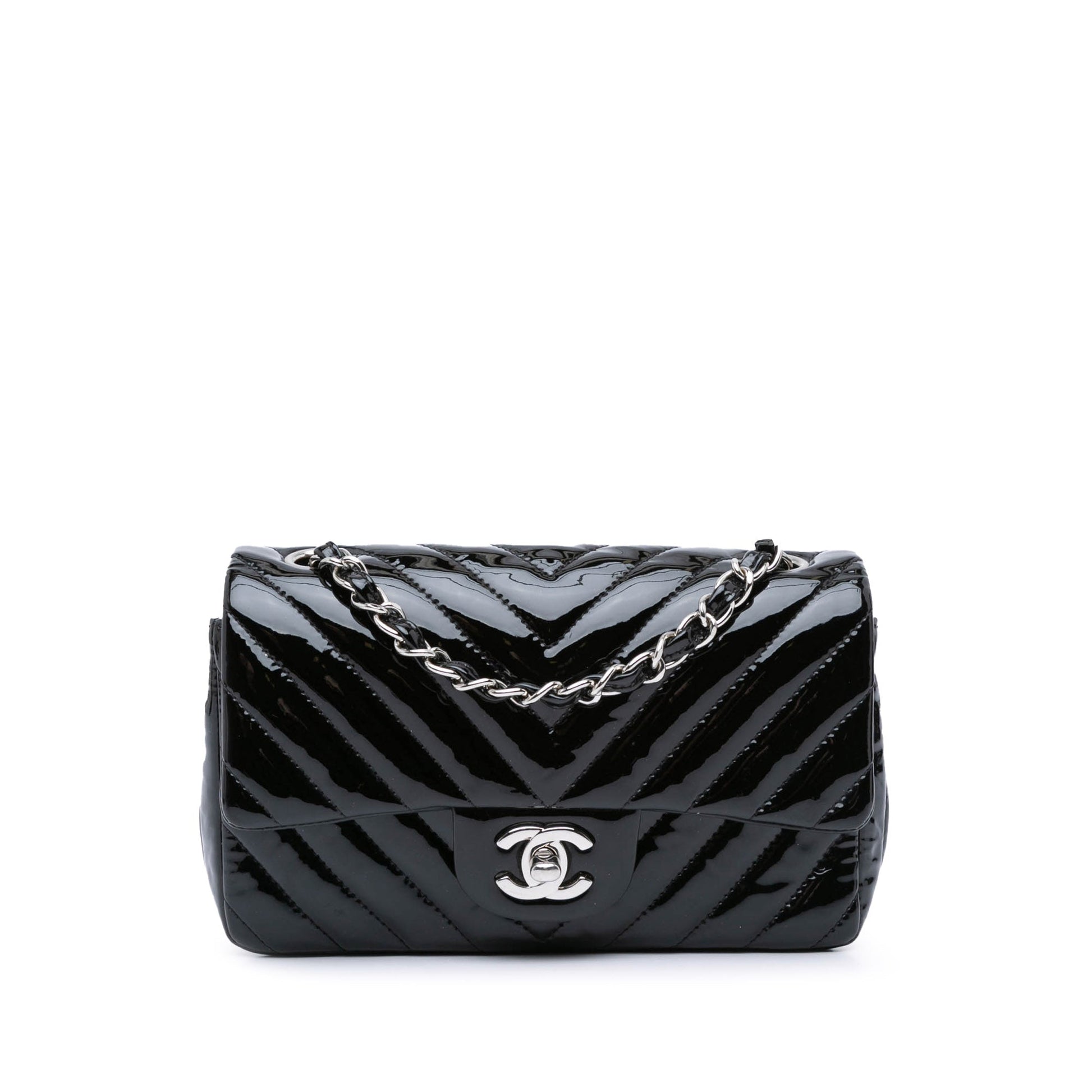 Black Chanel Mini Rectangular Classic Chevron Patent Single Flap Crossbody Bag