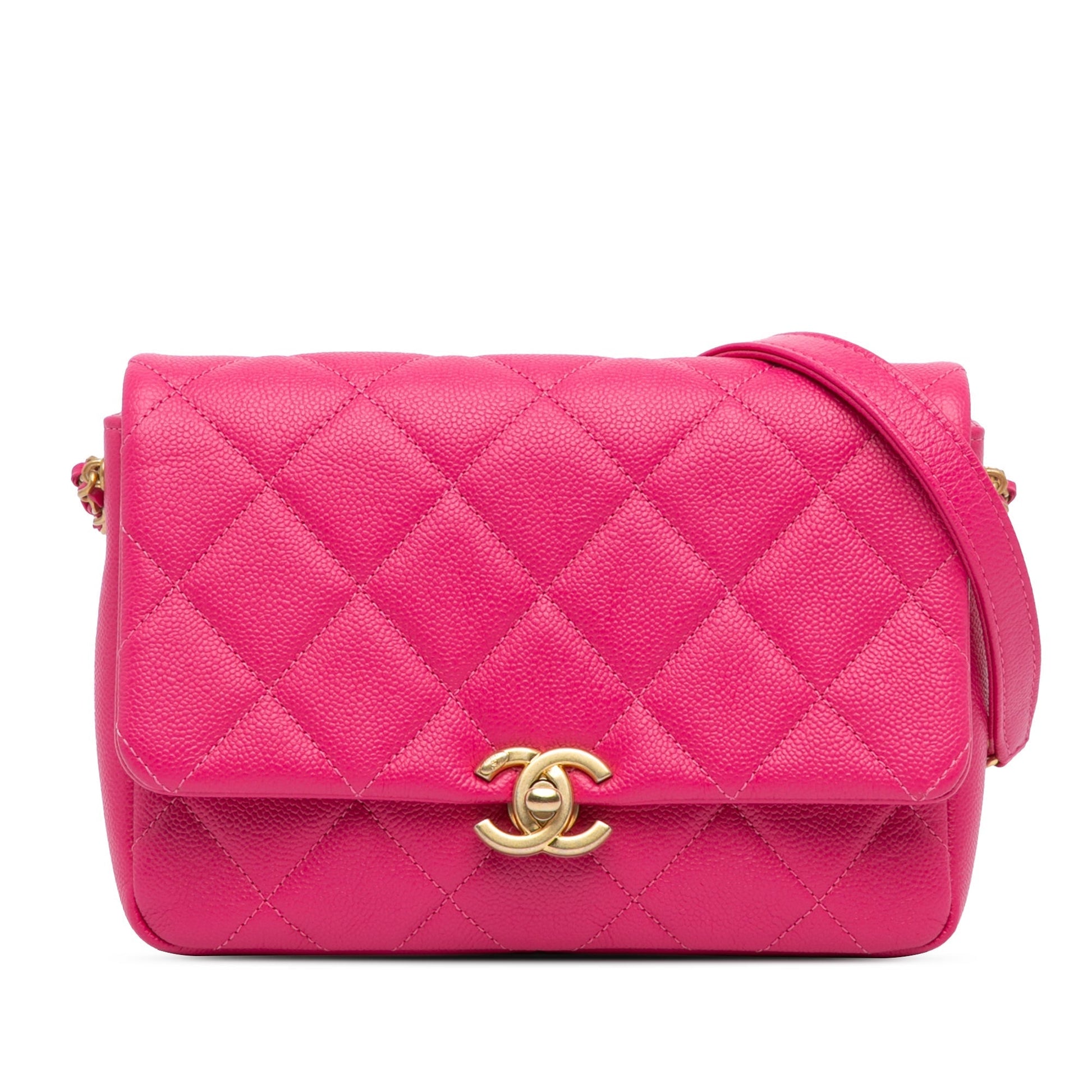 Pink Chanel Small Quilted Caviar Chain Melody Flap Crossbody Bag
