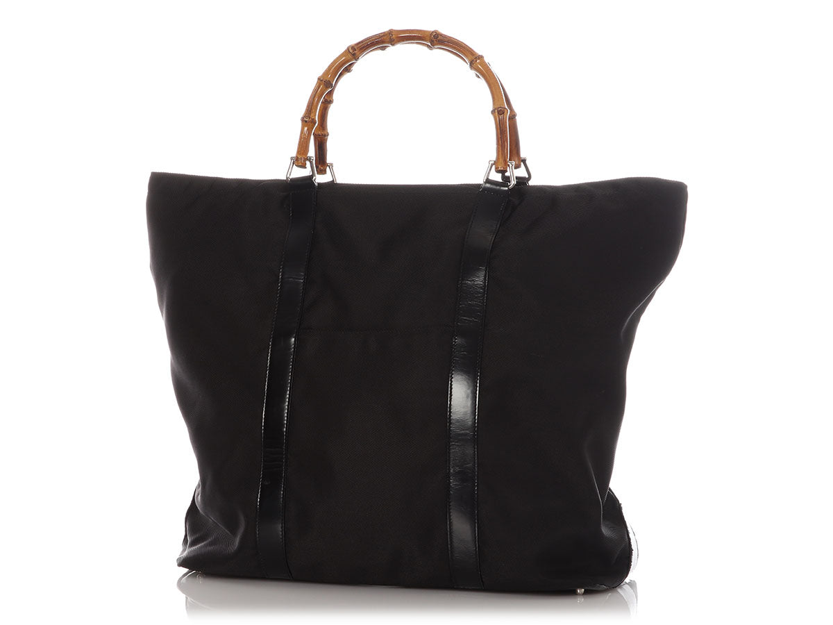 Gucci Trimmed Bamboo Handle Tote Leather Nylon Tote Bag