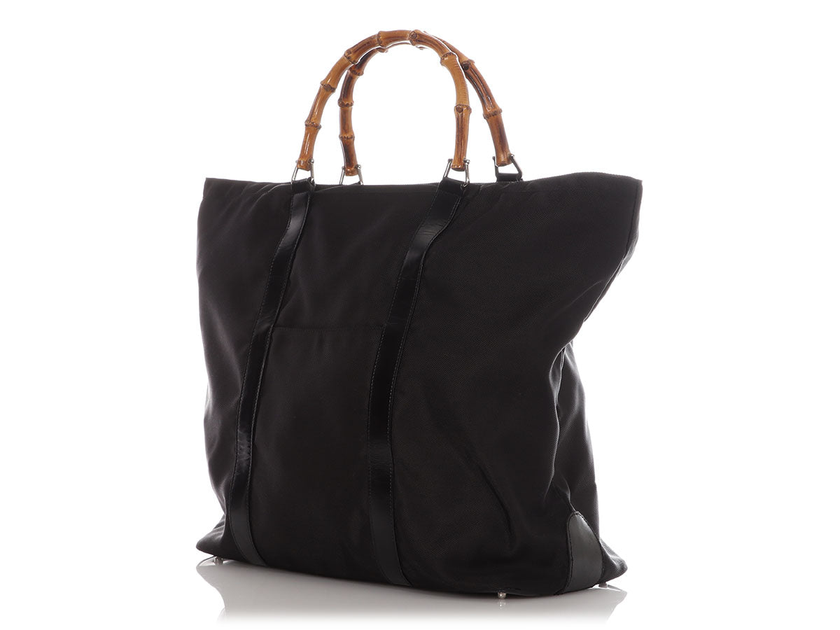 Gucci Trimmed Bamboo Handle Tote Leather Nylon Tote Bag