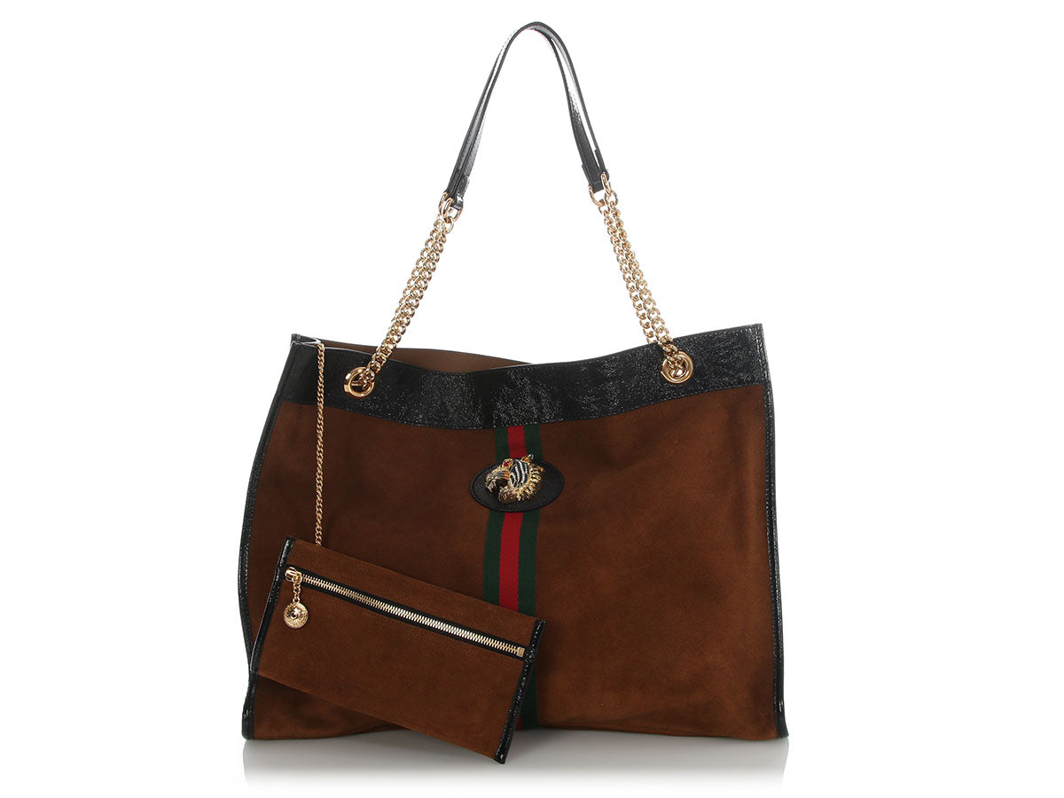 Gucci Calfskin Rajah Chain Tote Suede Brown Tote Bag