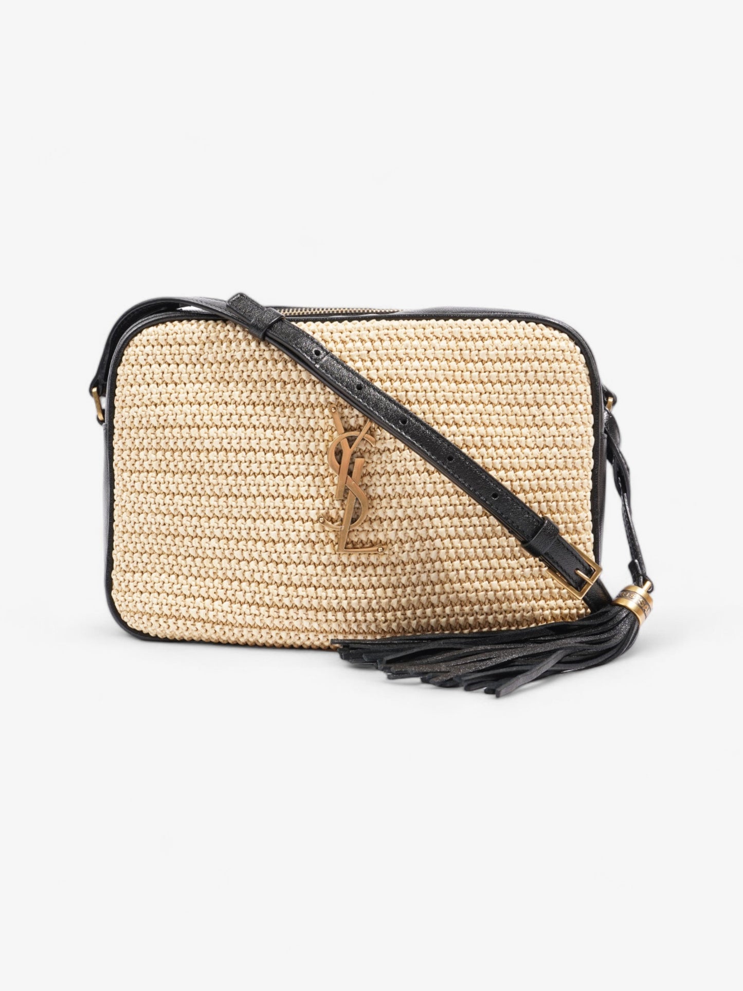 YSL Saint Laurent Lou Camera Natural Crossbody Bag Raffia Black