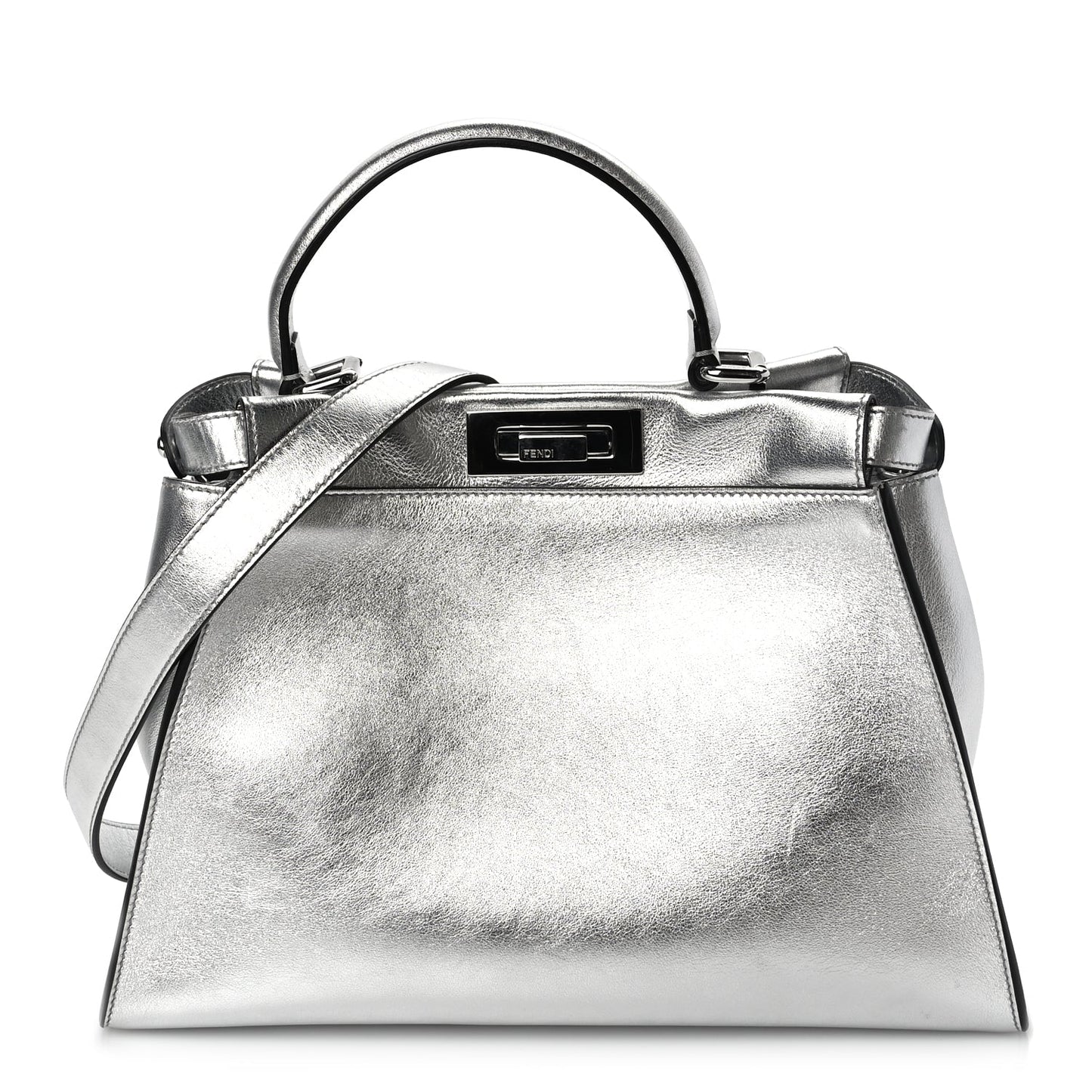 Fendi Handbag Catalan Peekaboo Iconic Satchel Argento Leather Vitello Silver Satchel Bag