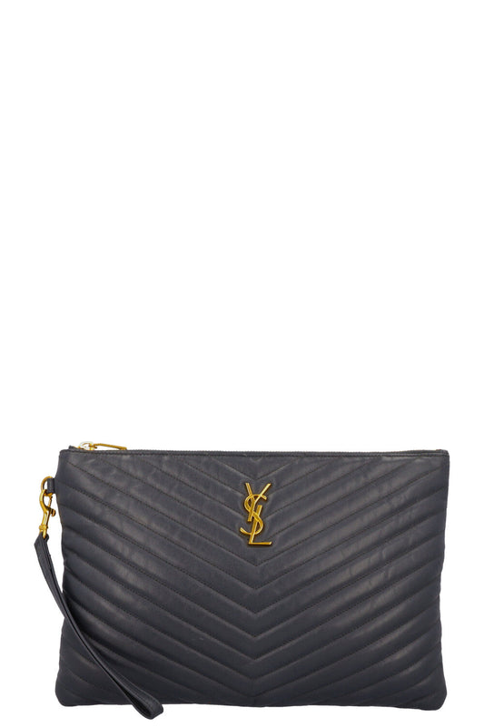 YSL Saint Laurent Clutch Bag V Stitch Cassandre Clutch Grey Gray Zip
