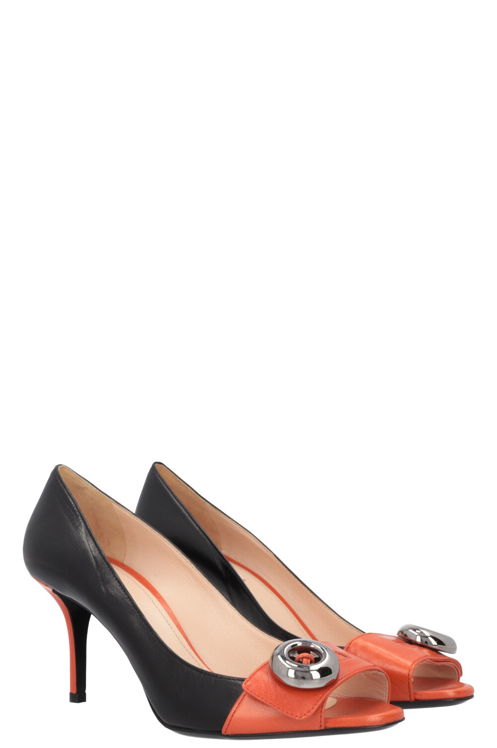 Prada Buckle Heels Black Orange Shoes