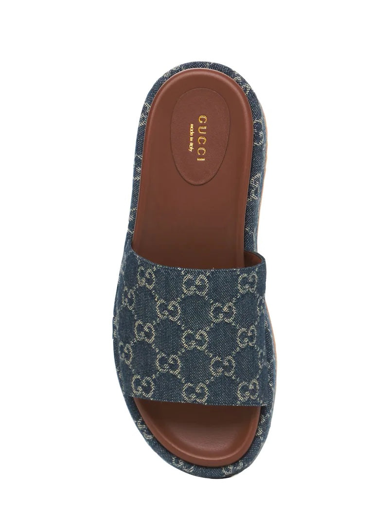 Gucci ANGELINA GG JACQUARD PLATFORM SLIDES Denim Handbag