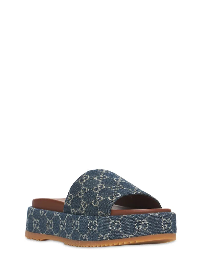 Gucci ANGELINA GG JACQUARD PLATFORM SLIDES Denim Handbag
