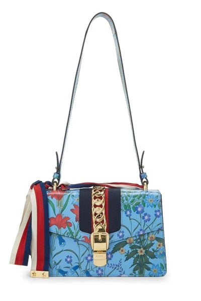 Gucci SYLVIE AZURE FLORA Leather Calfskin Blue Small Shoulder Bag