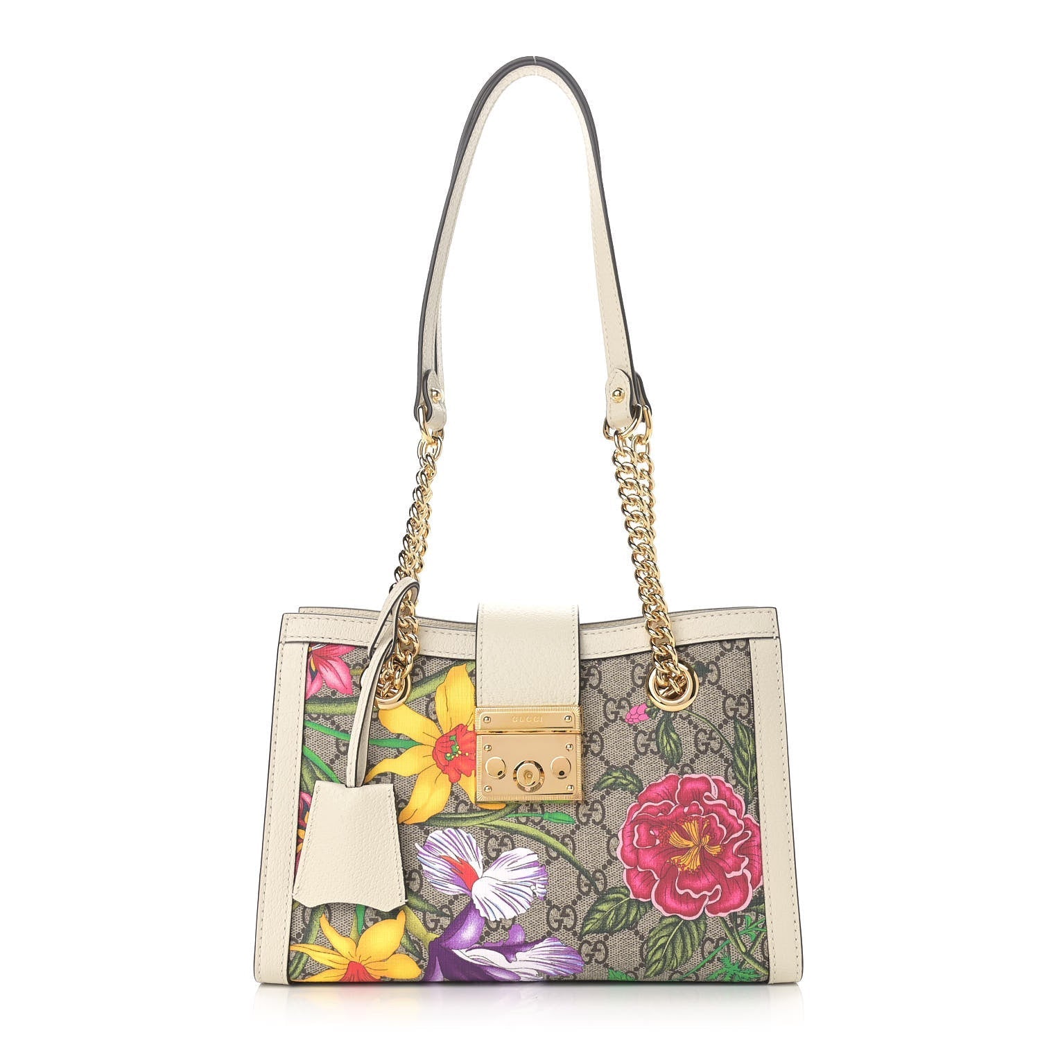 Gucci GG SUPREME FLORA PADLOCK Small Chain Tote Bag