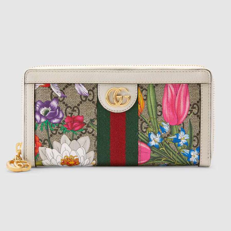 Gucci GG SUPREME FLORA OPHIDIA ZIP Monogram Wallet Case