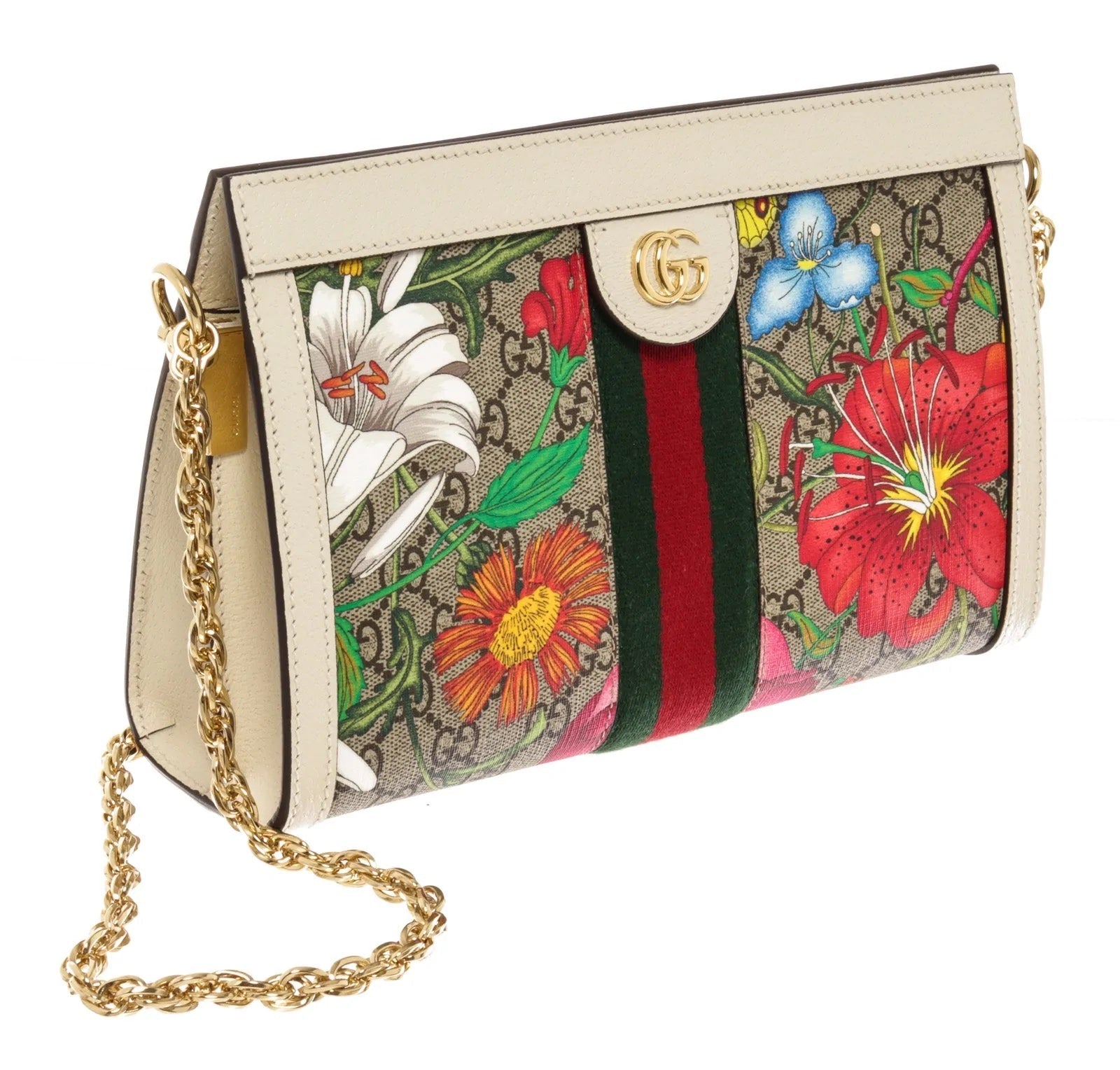 Gucci GG SUPREME FLORA WEB OPHIDIA Monogram Chain Travel Bag