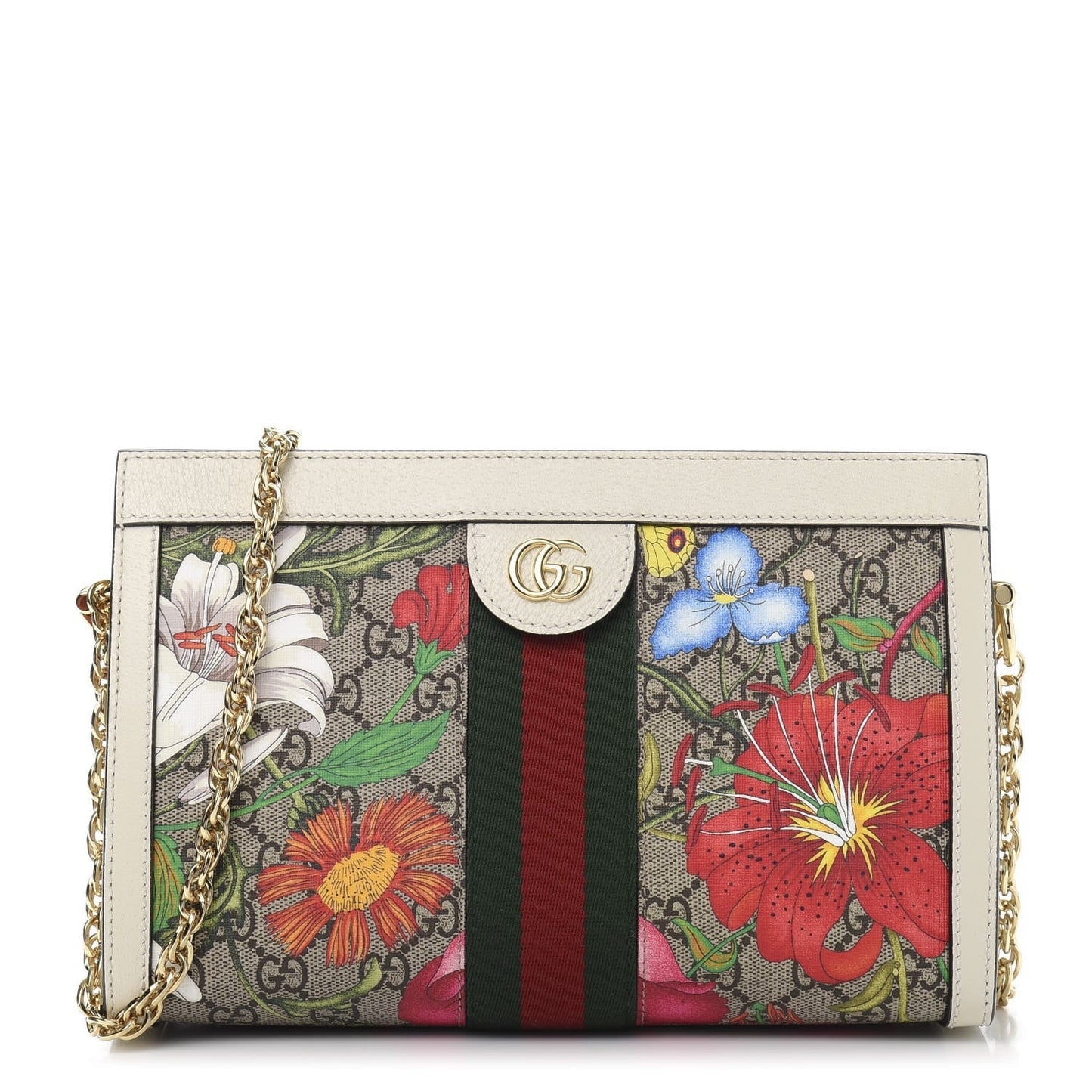 Gucci GG SUPREME FLORA WEB OPHIDIA Monogram Chain Travel Bag
