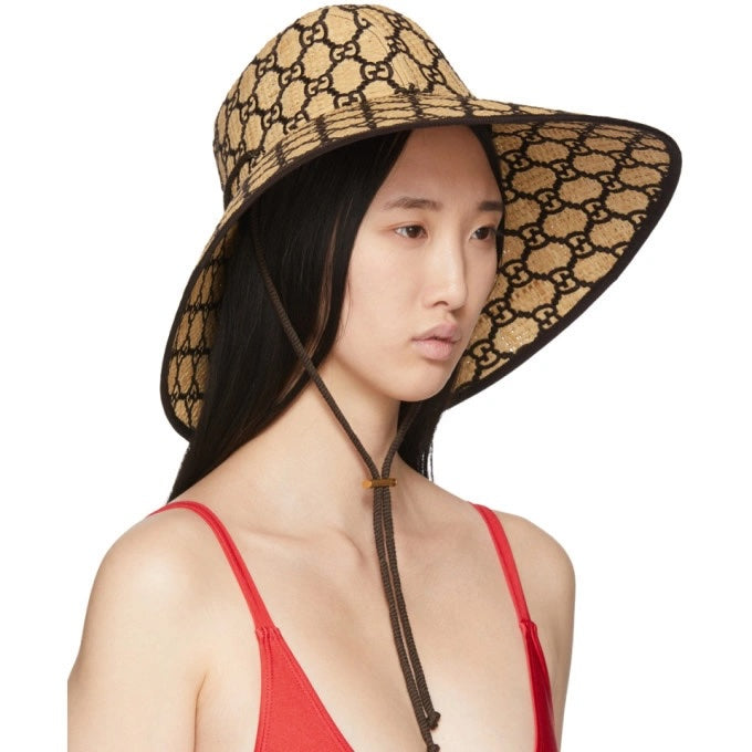 Gucci ELAPHE GG WIDE BRIM Monogram Raffia Hat