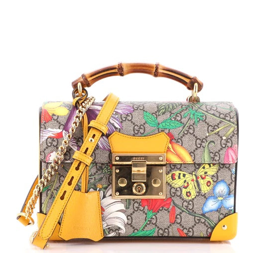 Gucci GG SUPREME FLORA BAMBOO PADLOCK Monogram Travel Bag
