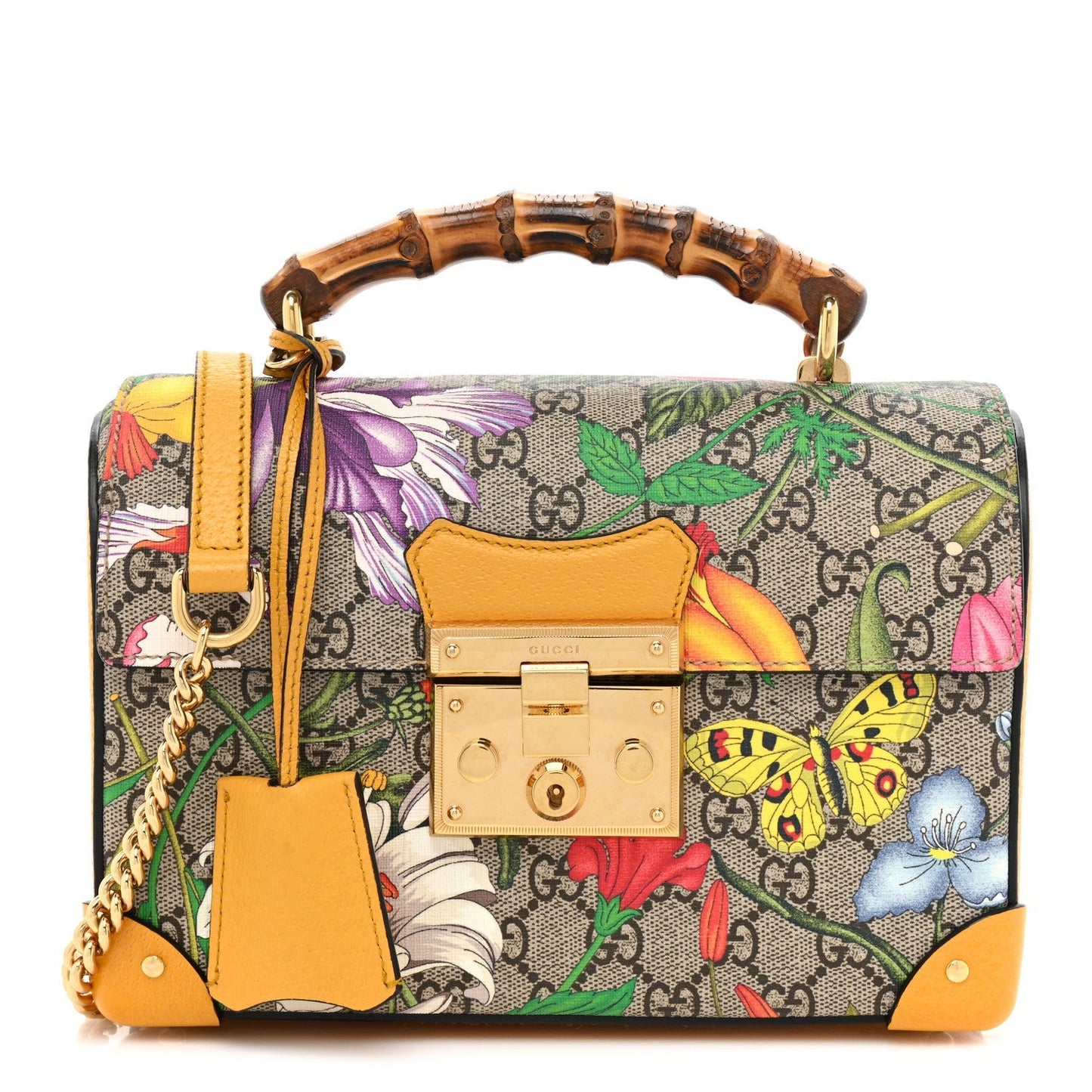 Gucci GG SUPREME FLORA BAMBOO PADLOCK Monogram Travel Bag