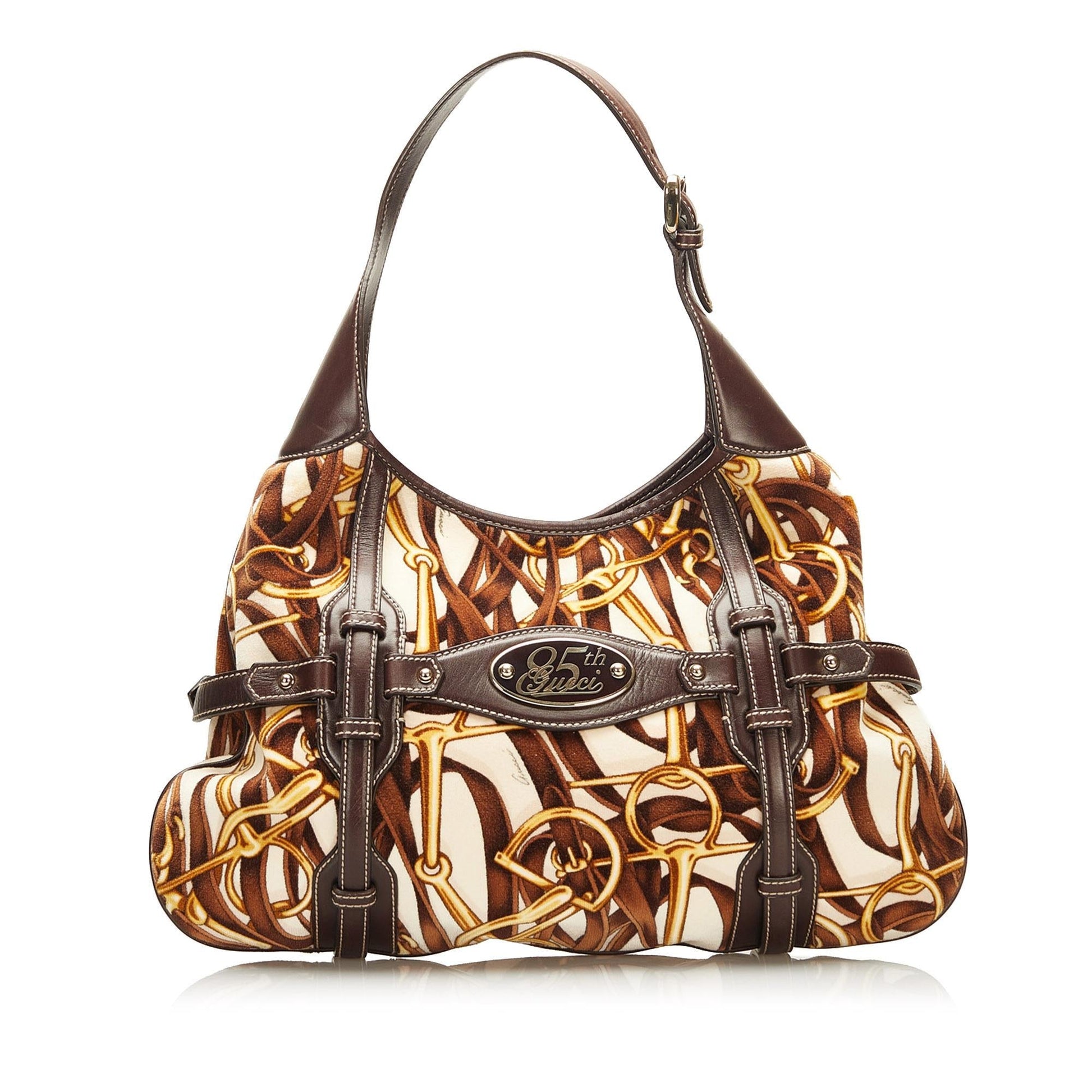 Gucci 85th Anniversary Velvet Horsebit Print Brown Shoulder Bag