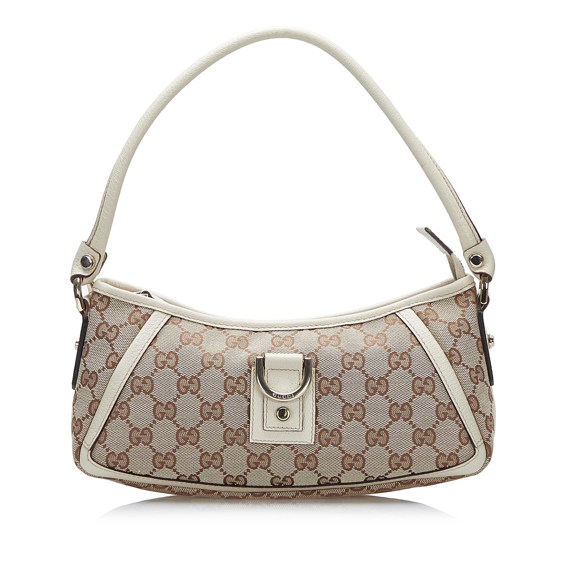 Gucci Abbey GG Baguette SHG Canvas Calf White Brown Handbag