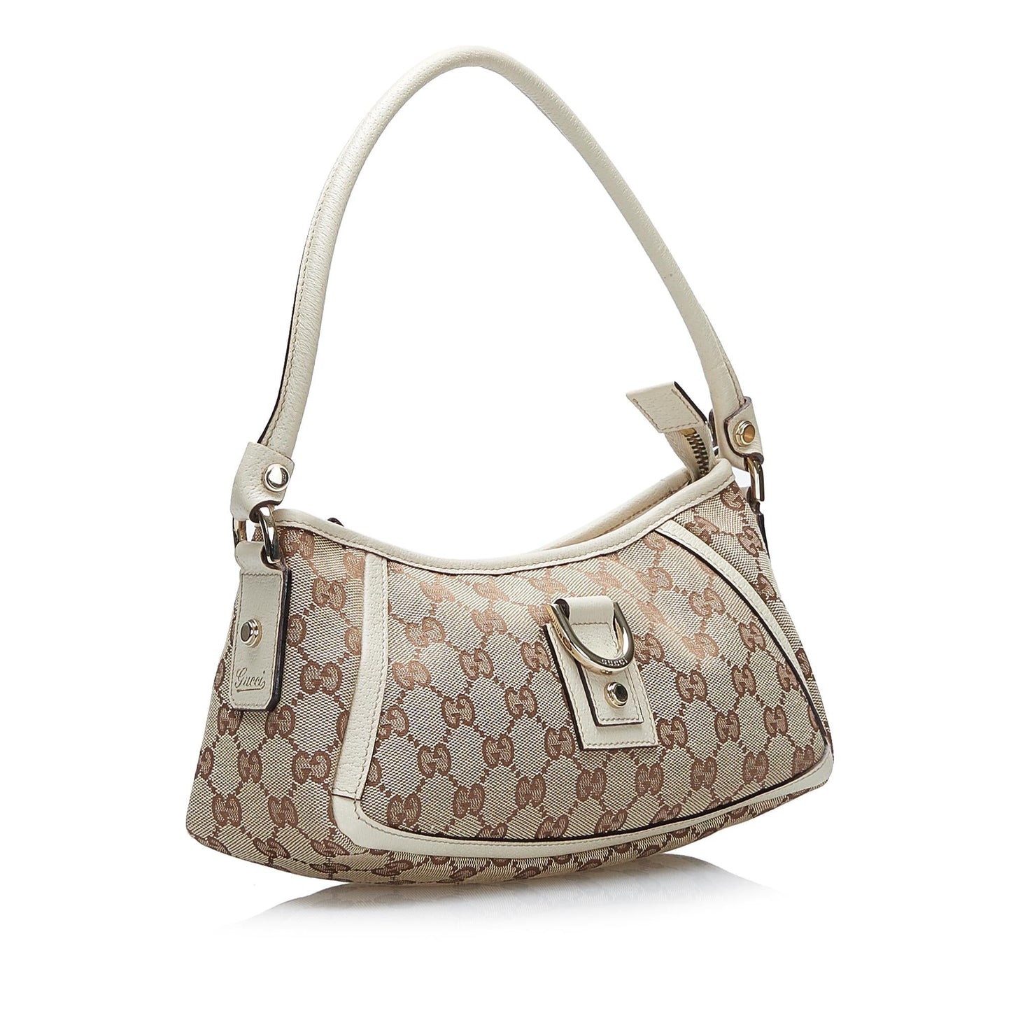 Gucci Abbey GG Baguette SHG Canvas Calf White Brown Handbag