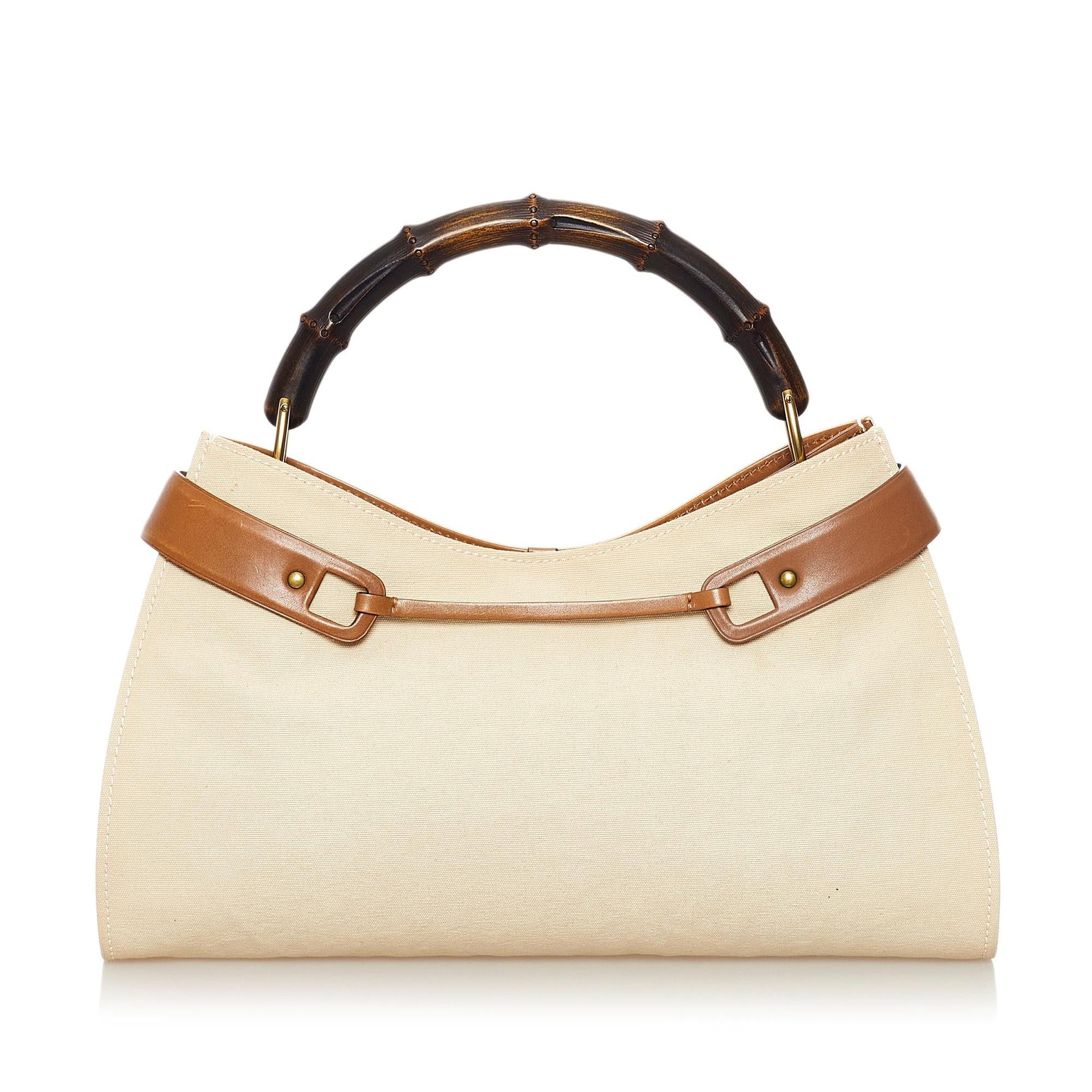 Gucci Bamboo SHG Canvas White Brown Satchel Bag