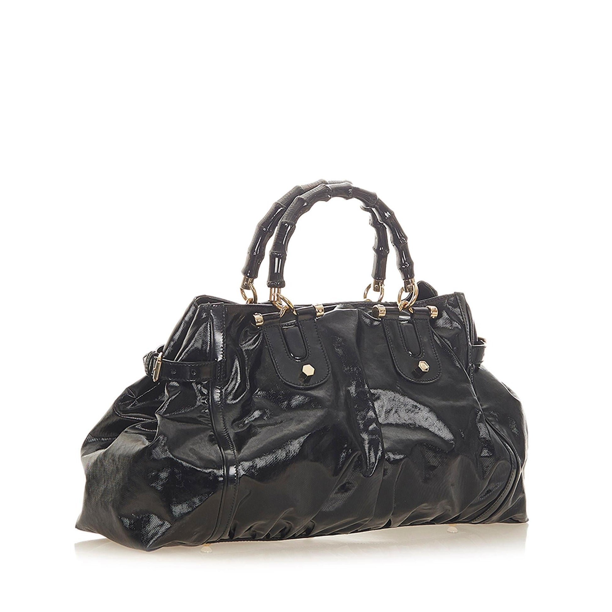 Gucci Bamboo Dialux Pop SHG-7LYwON Canvas Black Satchel Bag