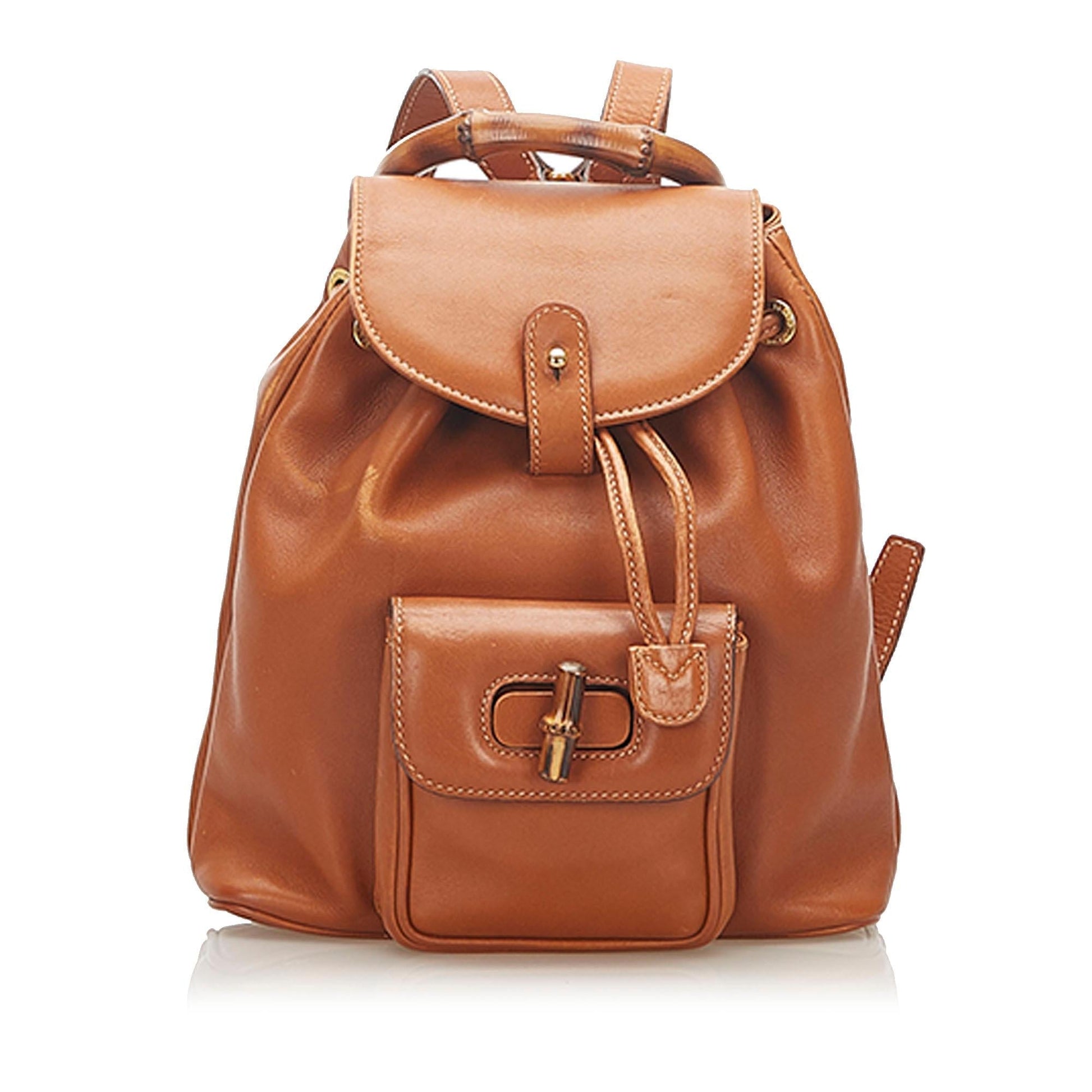 Gucci Bamboo Drawstring Backpack SHG Leather Calf Brown Jewelry 5
