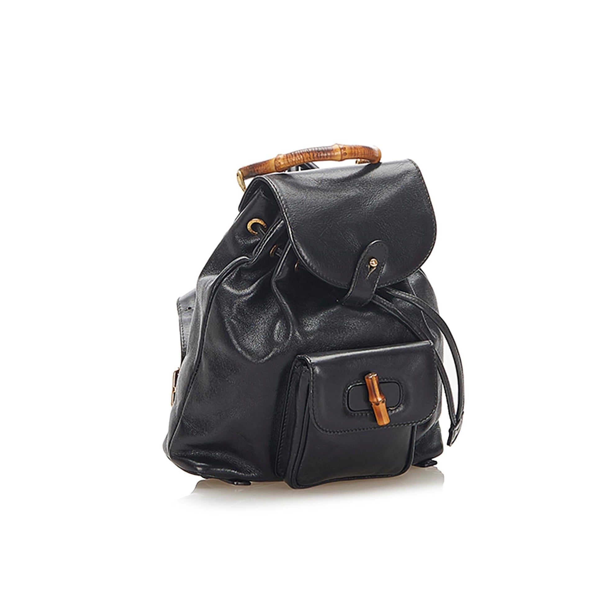 Gucci Bamboo Drawstring Backpack SHG Leather Calf Black Jewelry 4