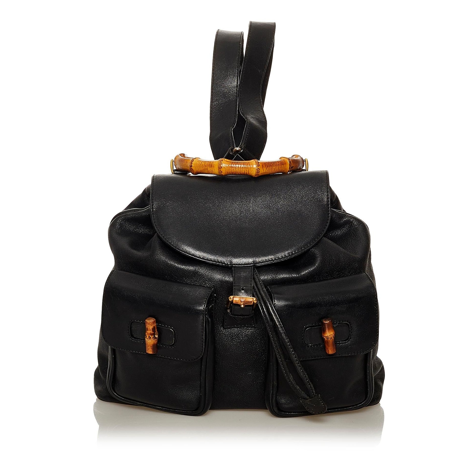 Gucci Bamboo Drawstring Backpack SHG Leather Calf Black Jewelry 6
