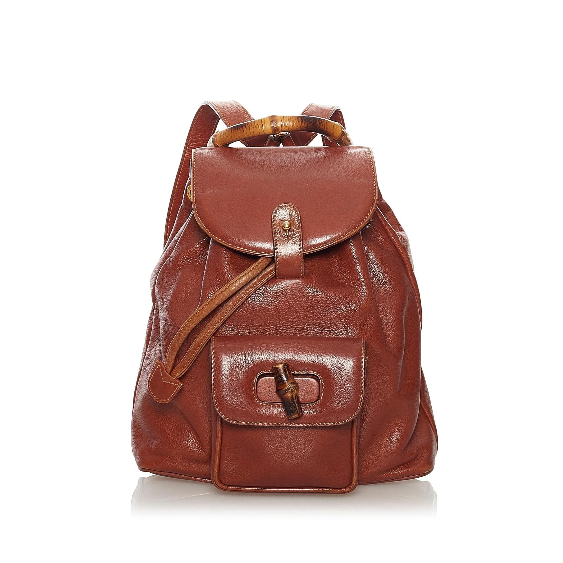 Gucci Bamboo Drawstring Backpack SHG Leather Calf Brown Jewelry