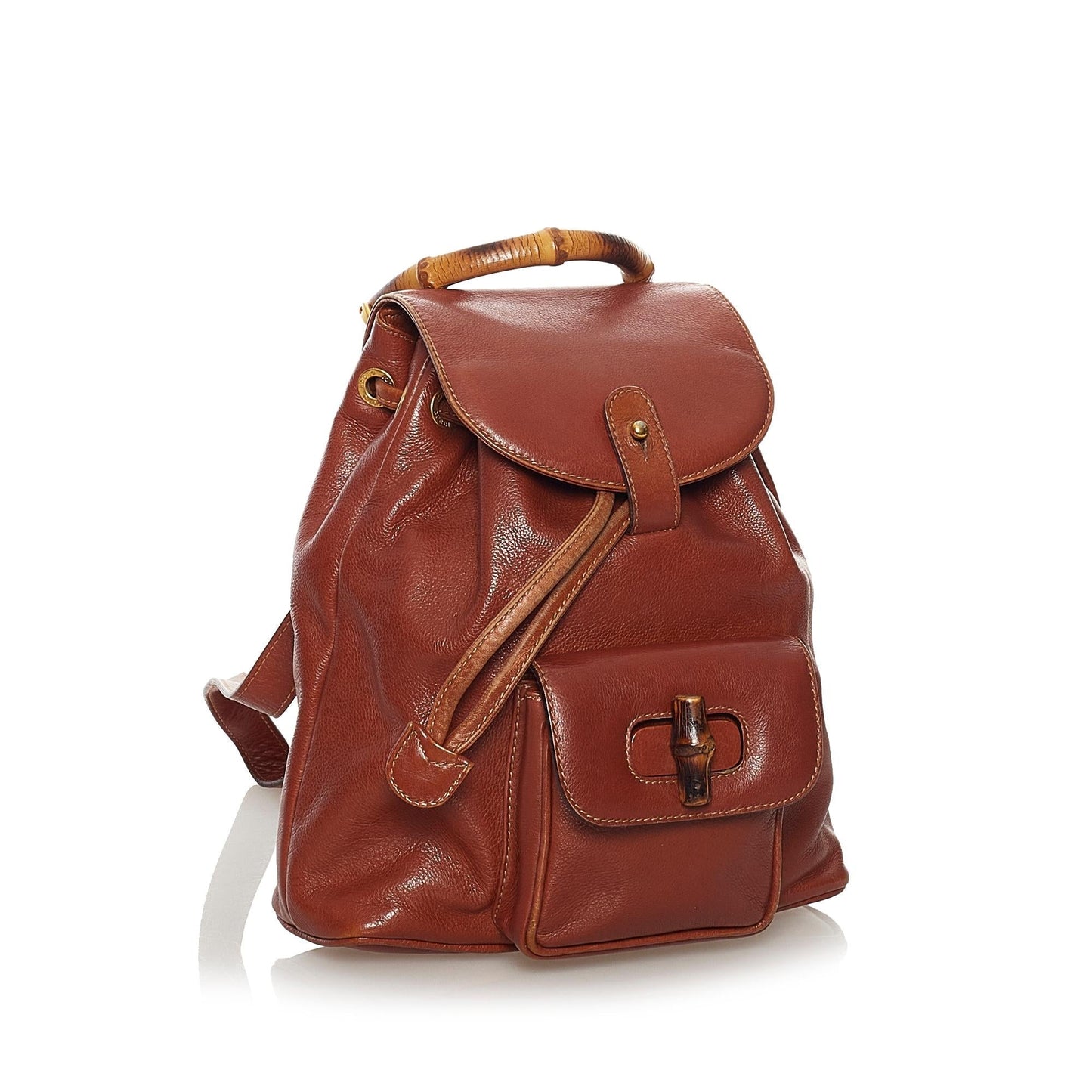 Gucci Bamboo Drawstring Backpack SHG Leather Calf Brown Jewelry