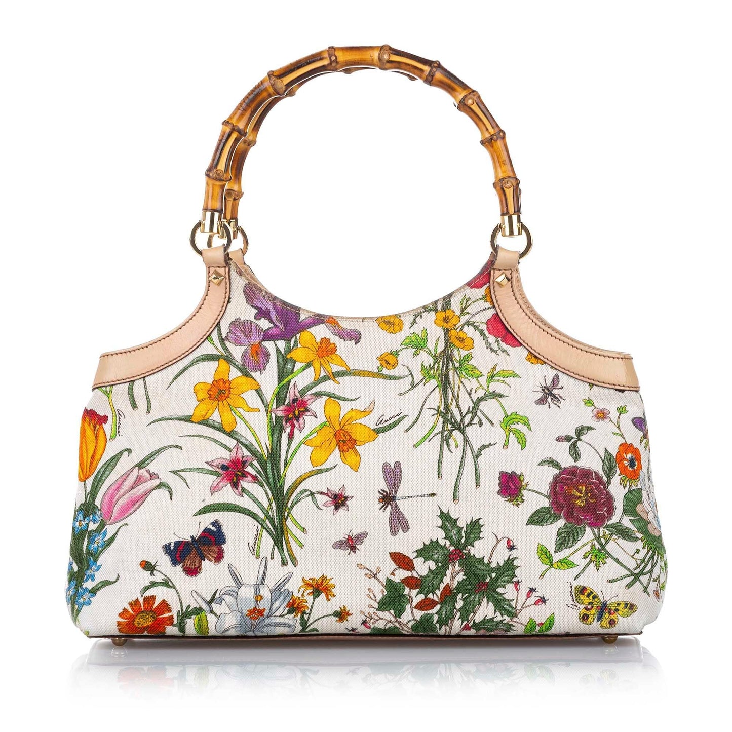 Gucci Bamboo Flora SHG Canvas White Brown Satchel Bag