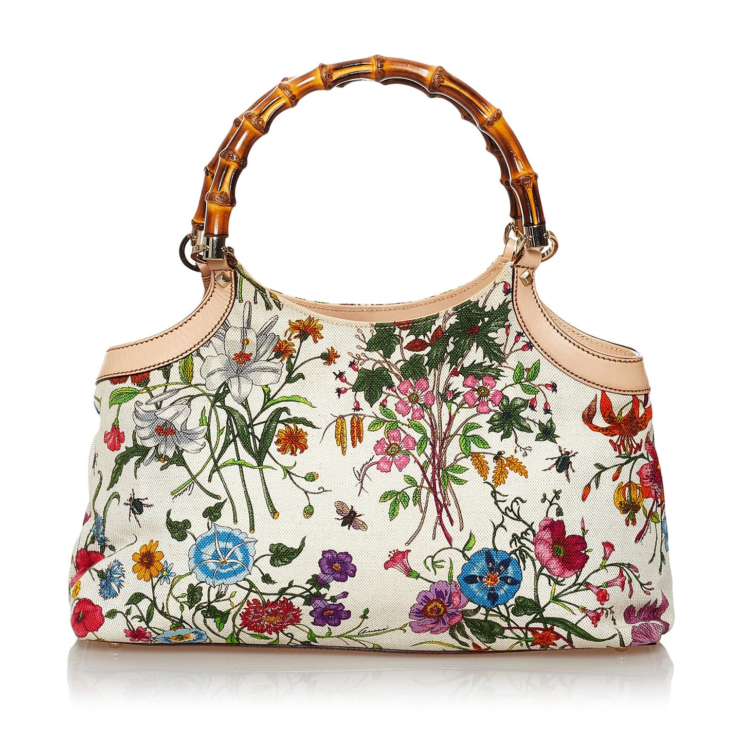 Gucci Bamboo Flora SHG Canvas White Satchel Bag