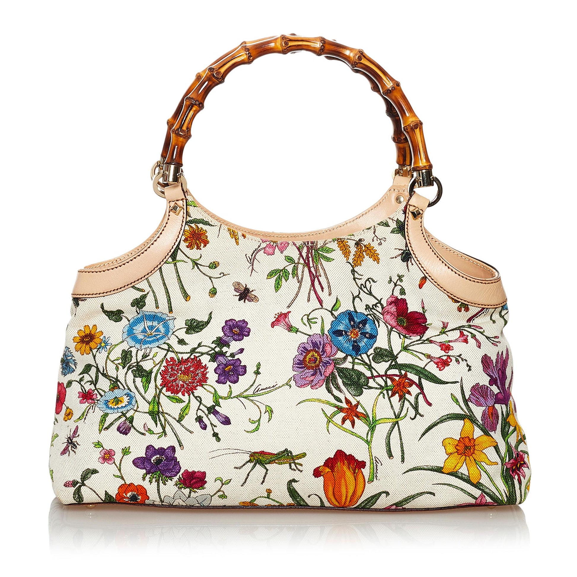 Gucci Bamboo Flora SHG Canvas White Satchel Bag