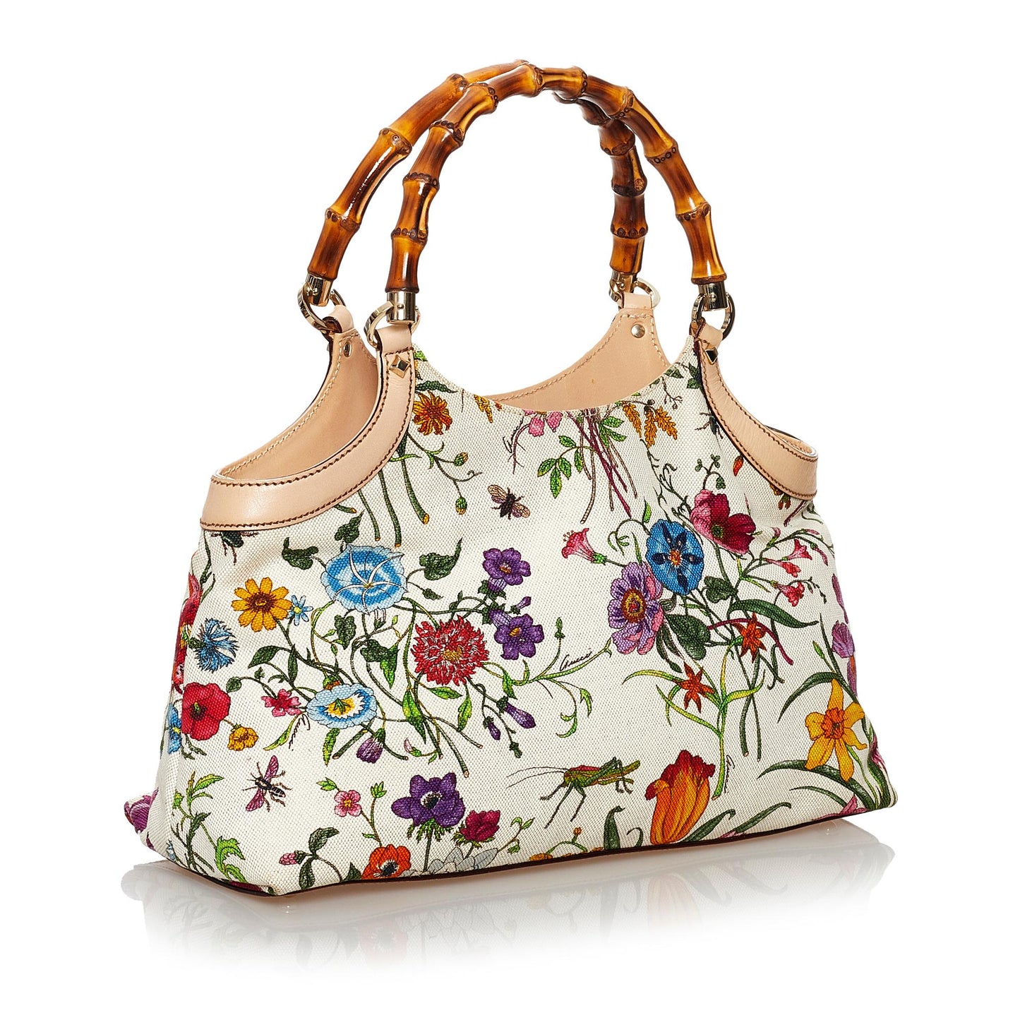 Gucci Bamboo Flora SHG Canvas White Satchel Bag
