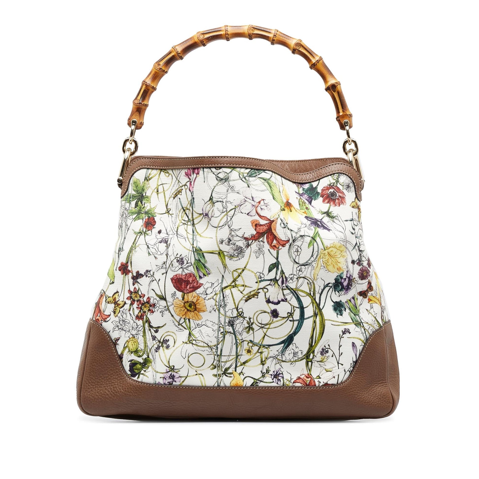 Gucci Bamboo Flora Diana SHG-JSp4Cq Canvas Calf White Satchel Bag