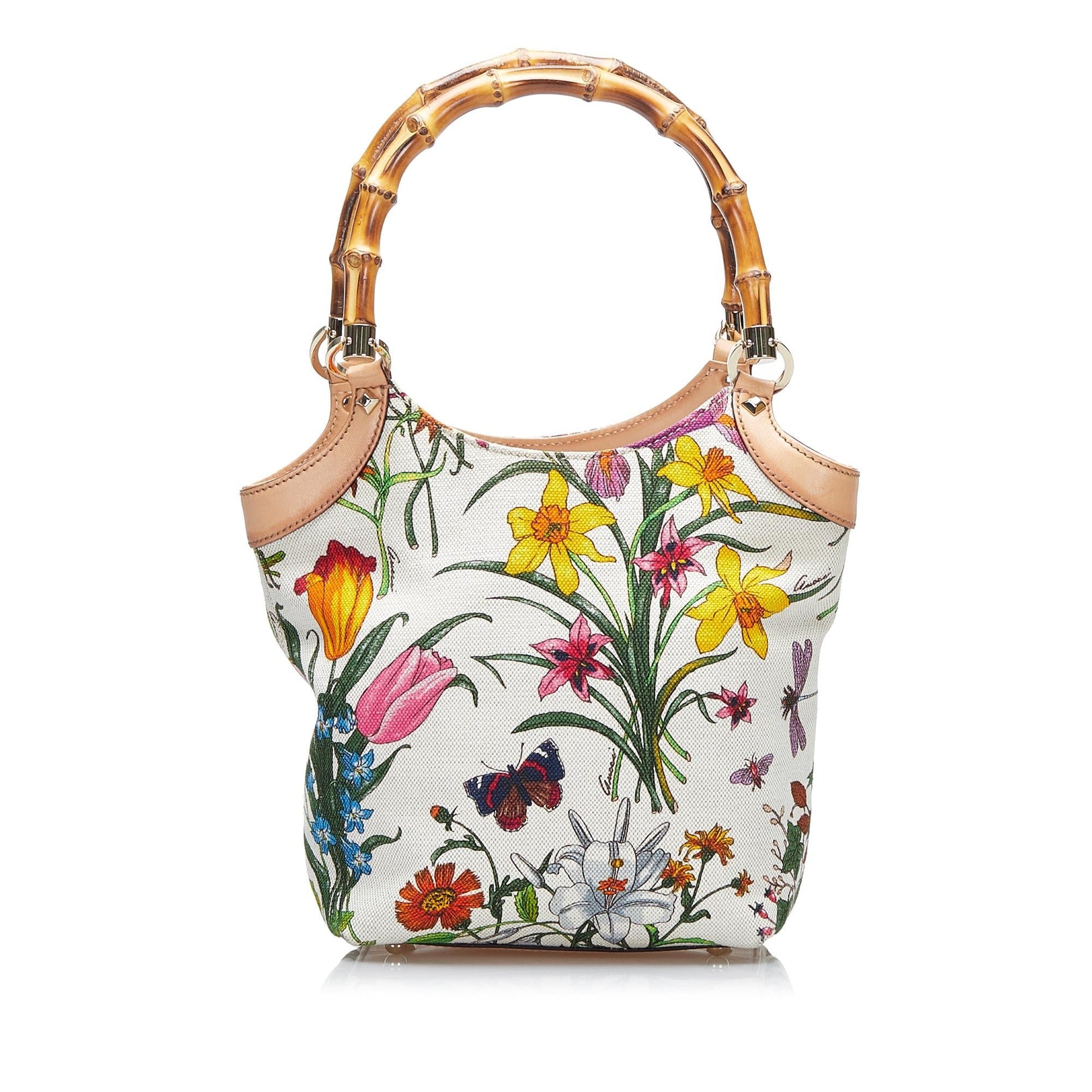 Gucci Bamboo Flora SHG-HcnNHu Canvas White Satchel Bag